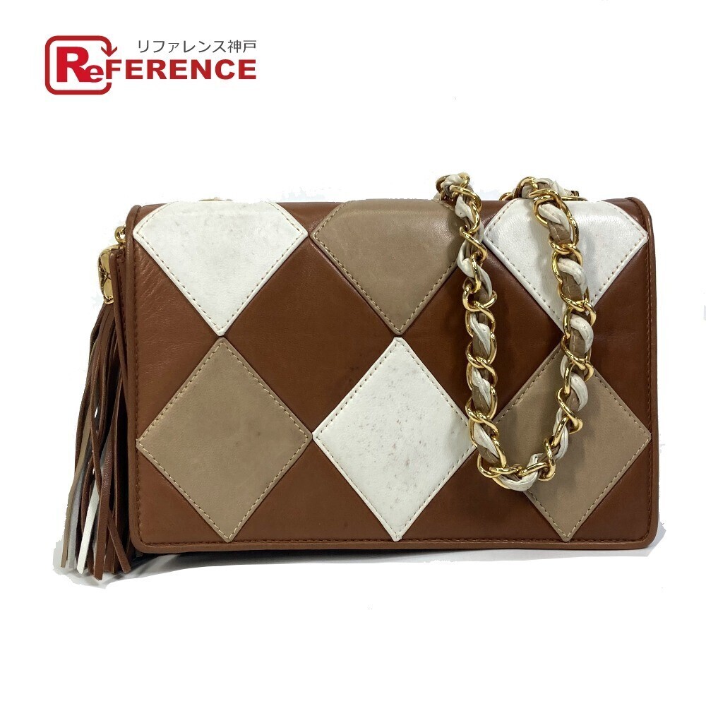 Chanel CC Mark Diamond Patchwork Fringe Bag Lambskin Brown Beige White